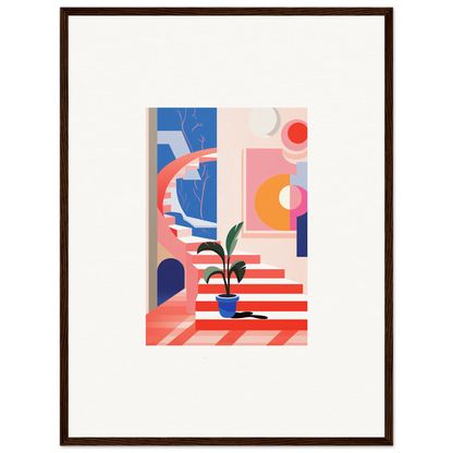 Framed abstract canvas print of geometric shapes with a potted plant for quantum gardens