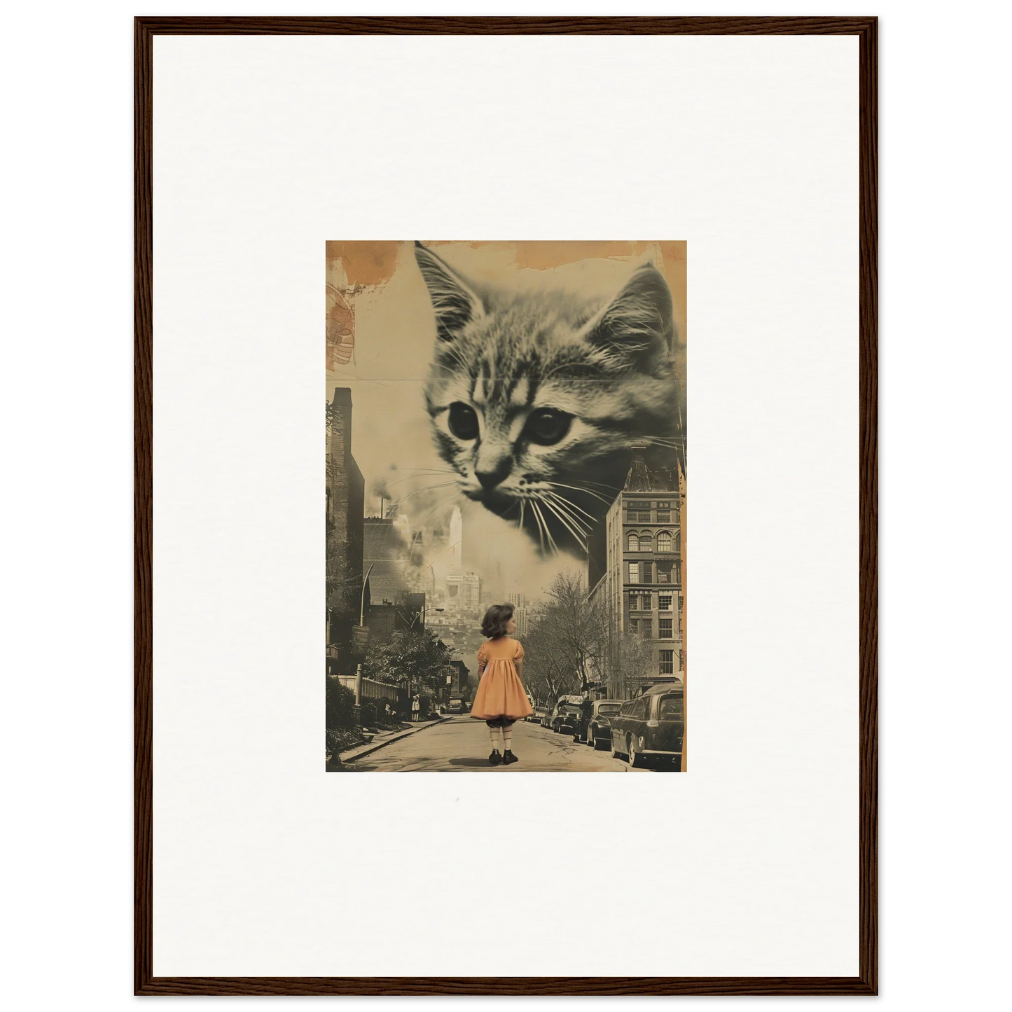 Framed artwork of a giant cat over a city street, perfect for room decoration or wall art