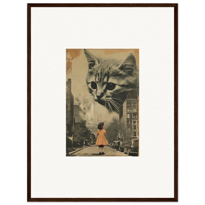 Framed artwork of a giant cat over a city street, perfect for room decoration or wall art