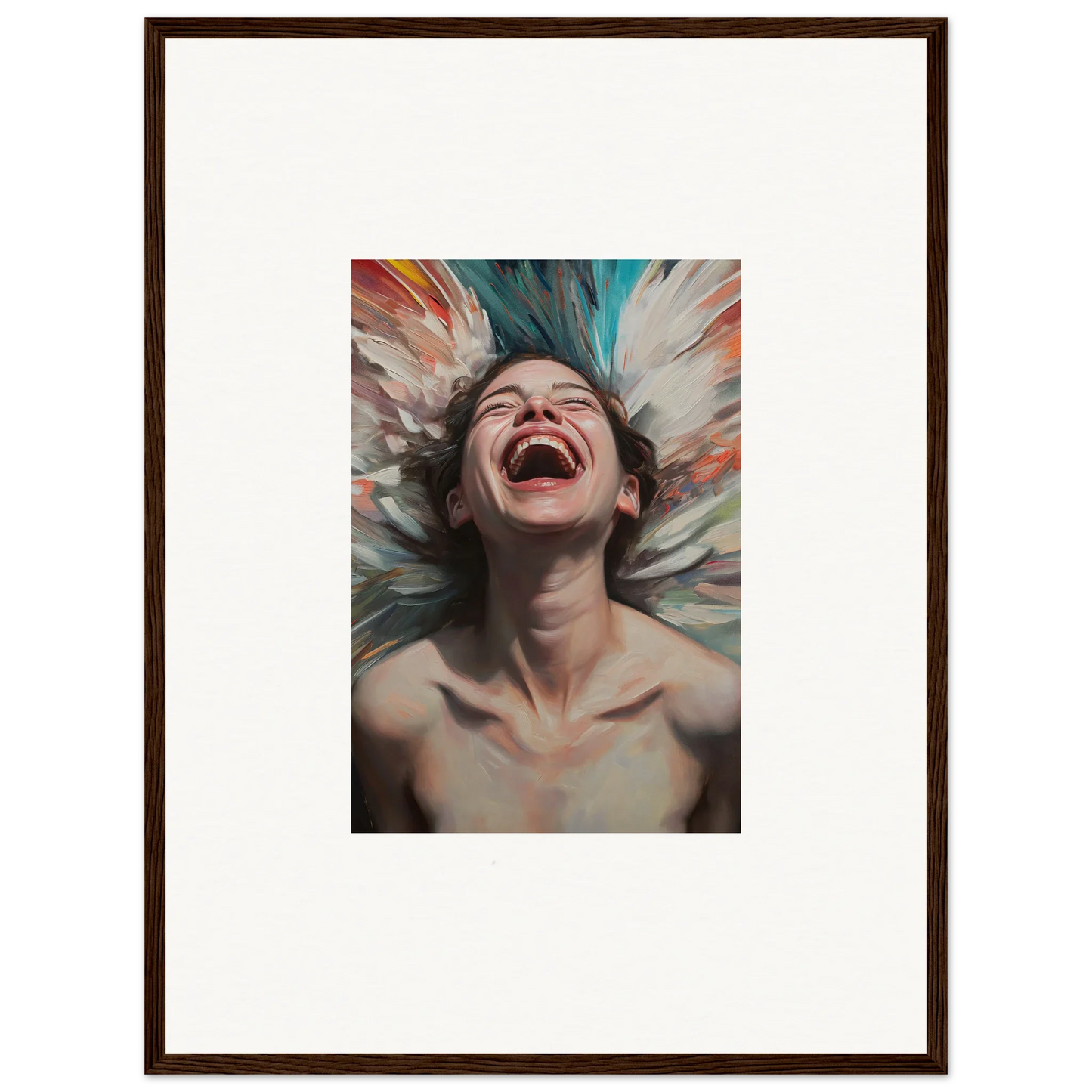 Framed canvas print of a joyful person laughing, perfect for room decoration with Aura Bloom