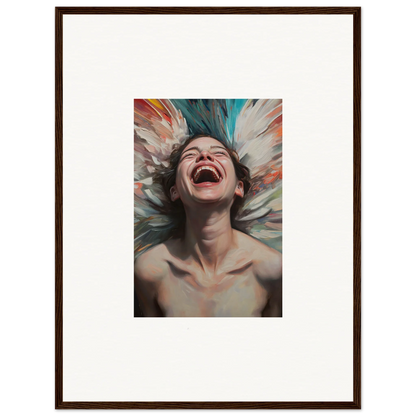 Framed canvas print of a joyful person laughing, perfect for room decoration with Aura Bloom