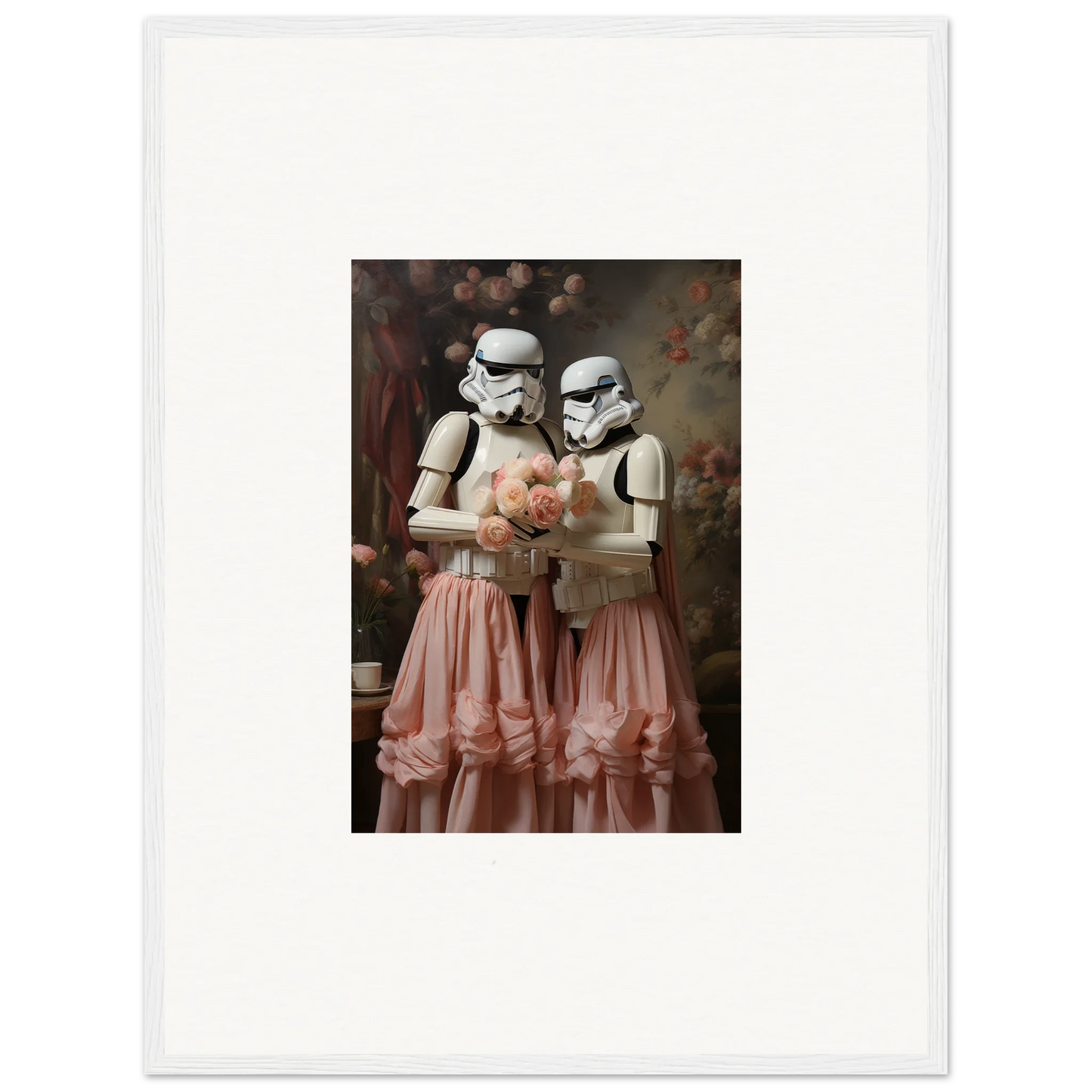 Two Stormtroopers wearing pink tulle skirts and holding a bouquet.