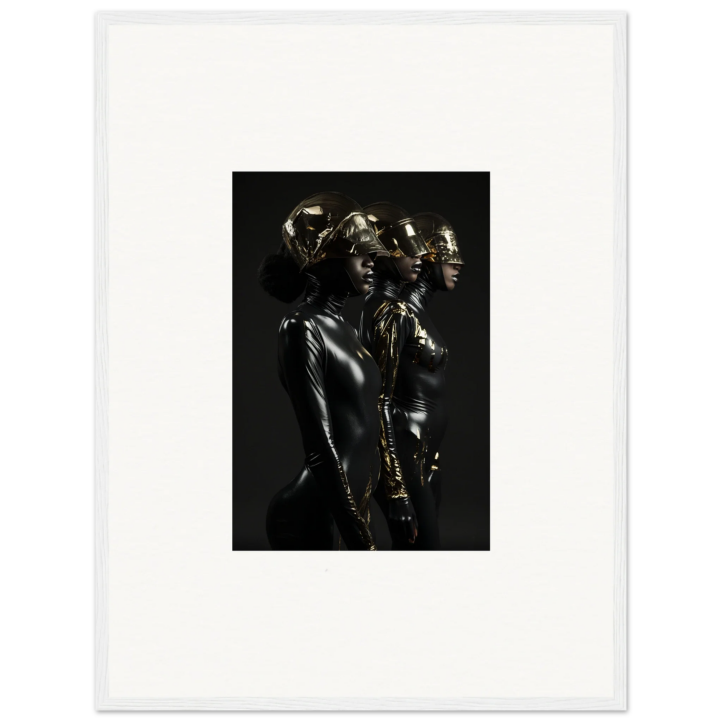 Metallic sculpture depicting multiple human figures in a dynamic pose.