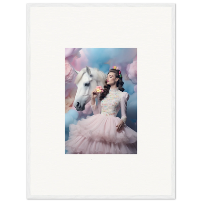 Framed photograph of a woman in a pink tulle gown posing with a white horse.