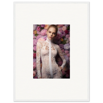 Portrait of a woman wearing a delicate lace dress against a floral backdrop.