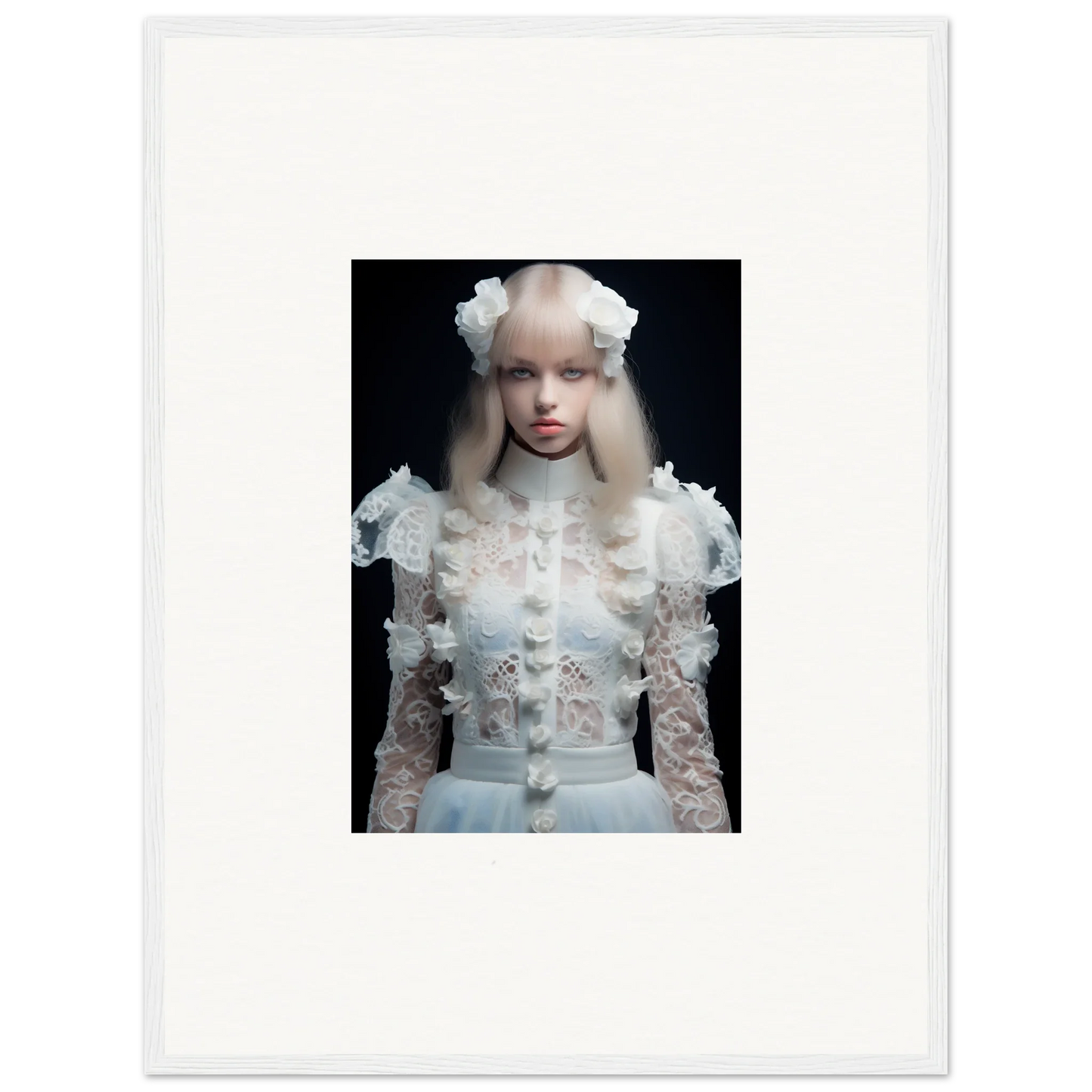 Portrait of a young woman in an elaborate white lace dress with floral headpiece.