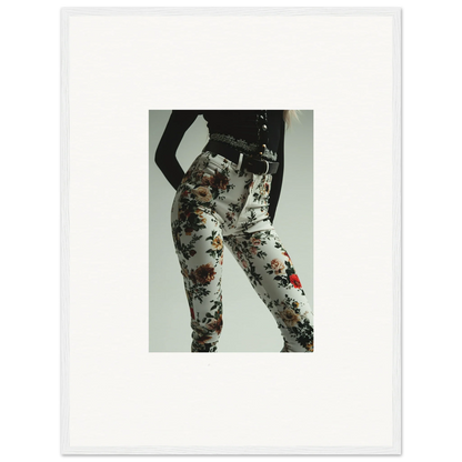 Floral-patterned leggings or tights worn on a person’s lower body.