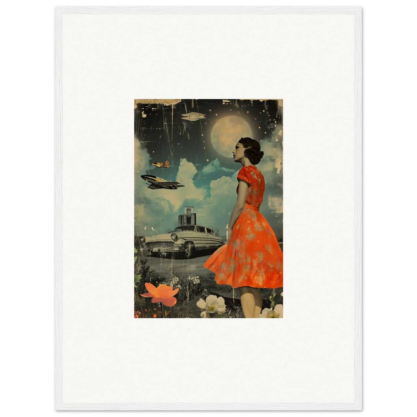 Vintage-style canvas print of a woman in an orange dress for retro bloom room decoration