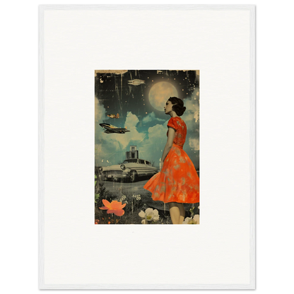 Vintage-style canvas print of a woman in an orange dress for retro bloom room decoration