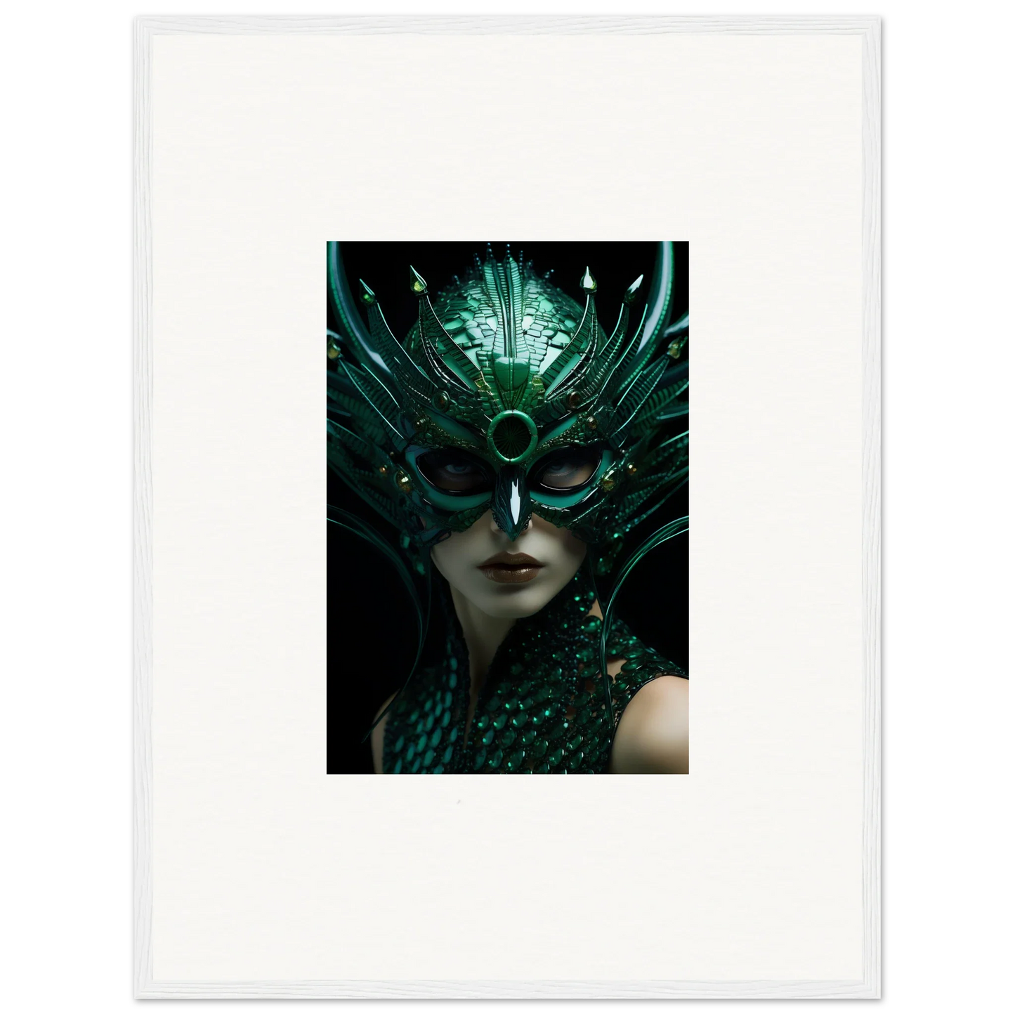 Ornate green mask with feathers, perfect for enigma enunciations room decoration