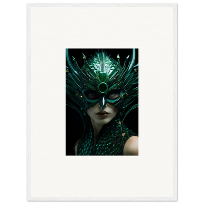 Ornate green mask with feathers, perfect for enigma enunciations room decoration