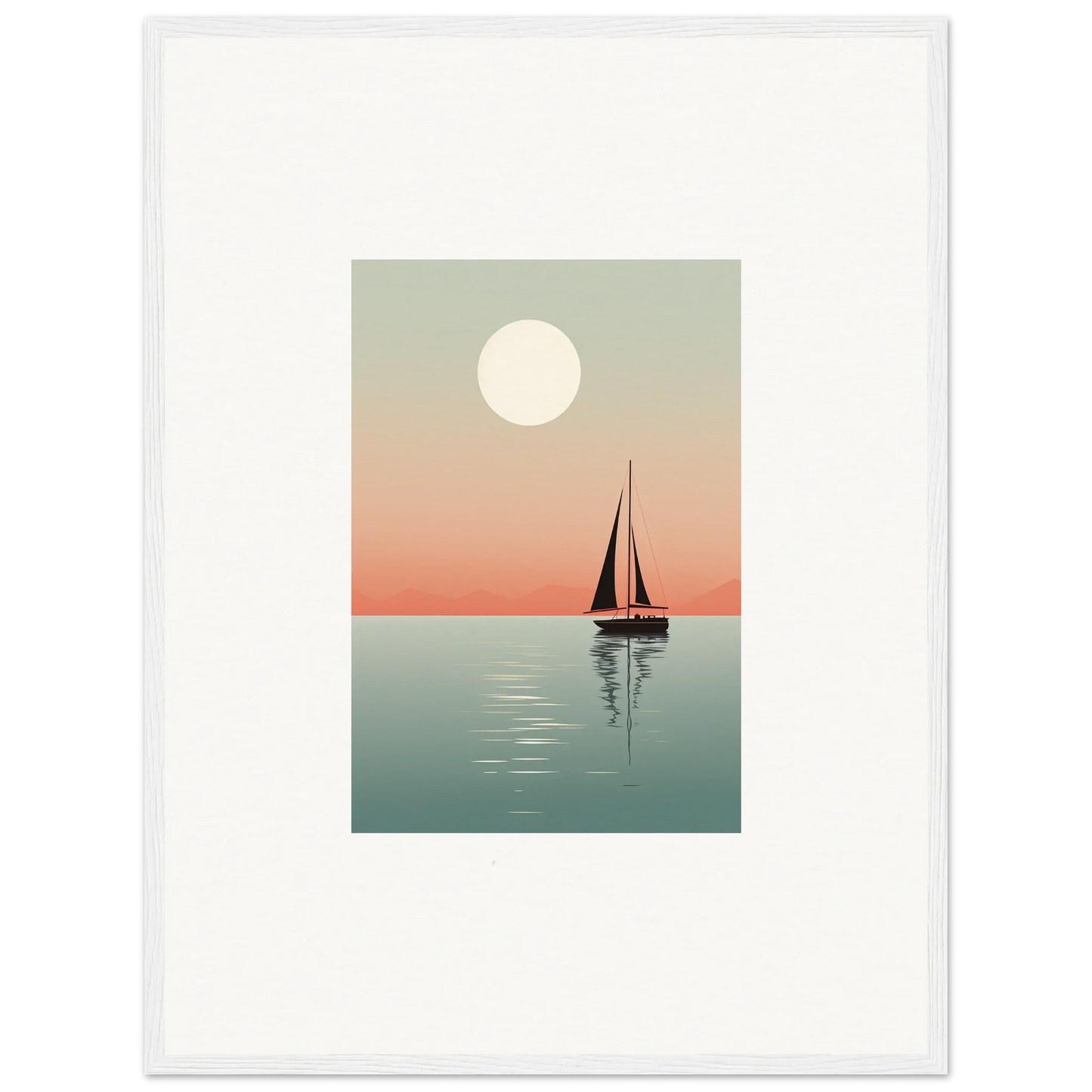 Sailboat silhouette at sunset with full moon, perfect for Nautical Harmonies canvas print