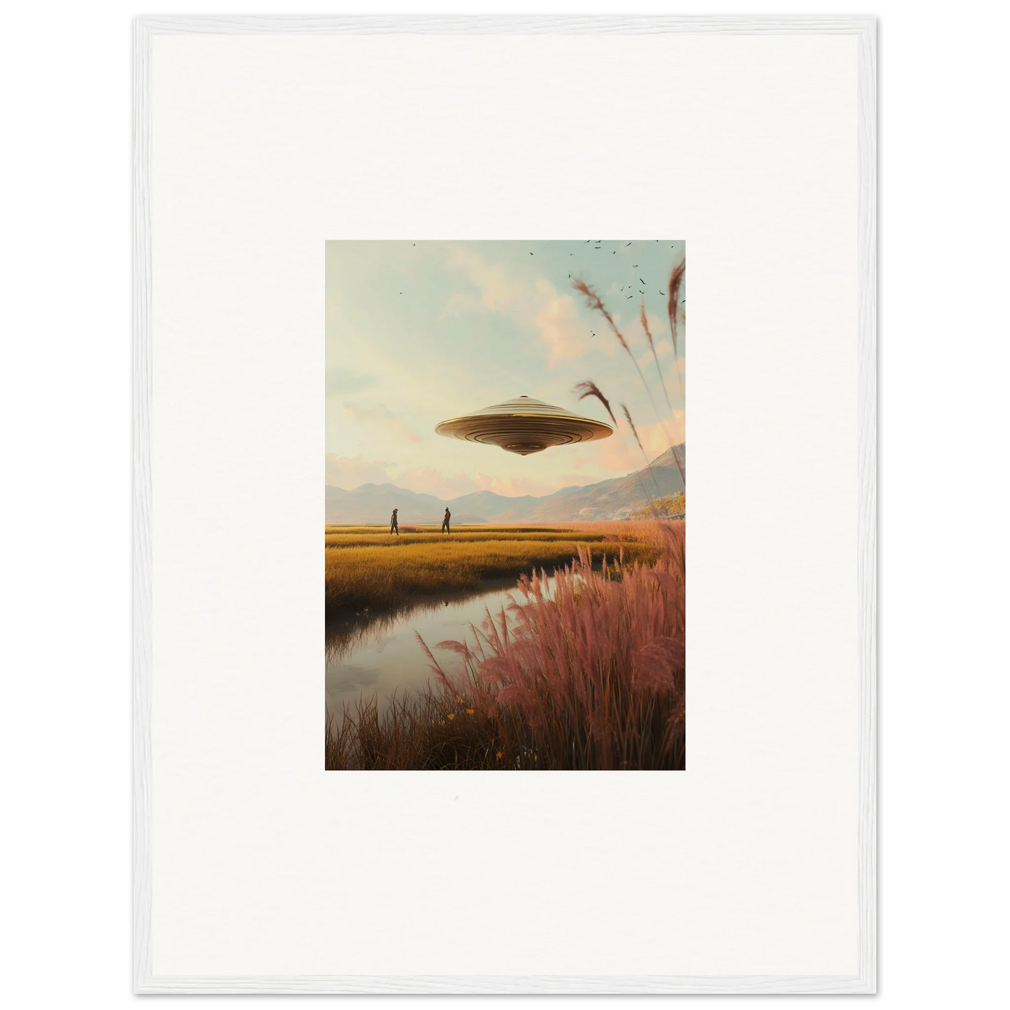 UFO over a rural landscape in Floating Meadow Raindancers framed wall art