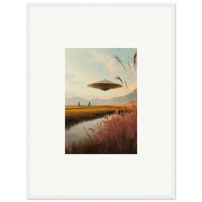 UFO over a rural landscape in Floating Meadow Raindancers framed wall art