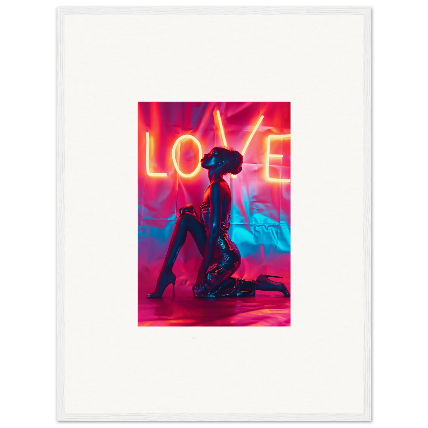 Silhouette of a person by a neon LOVE sign, perfect for room decoration wall art