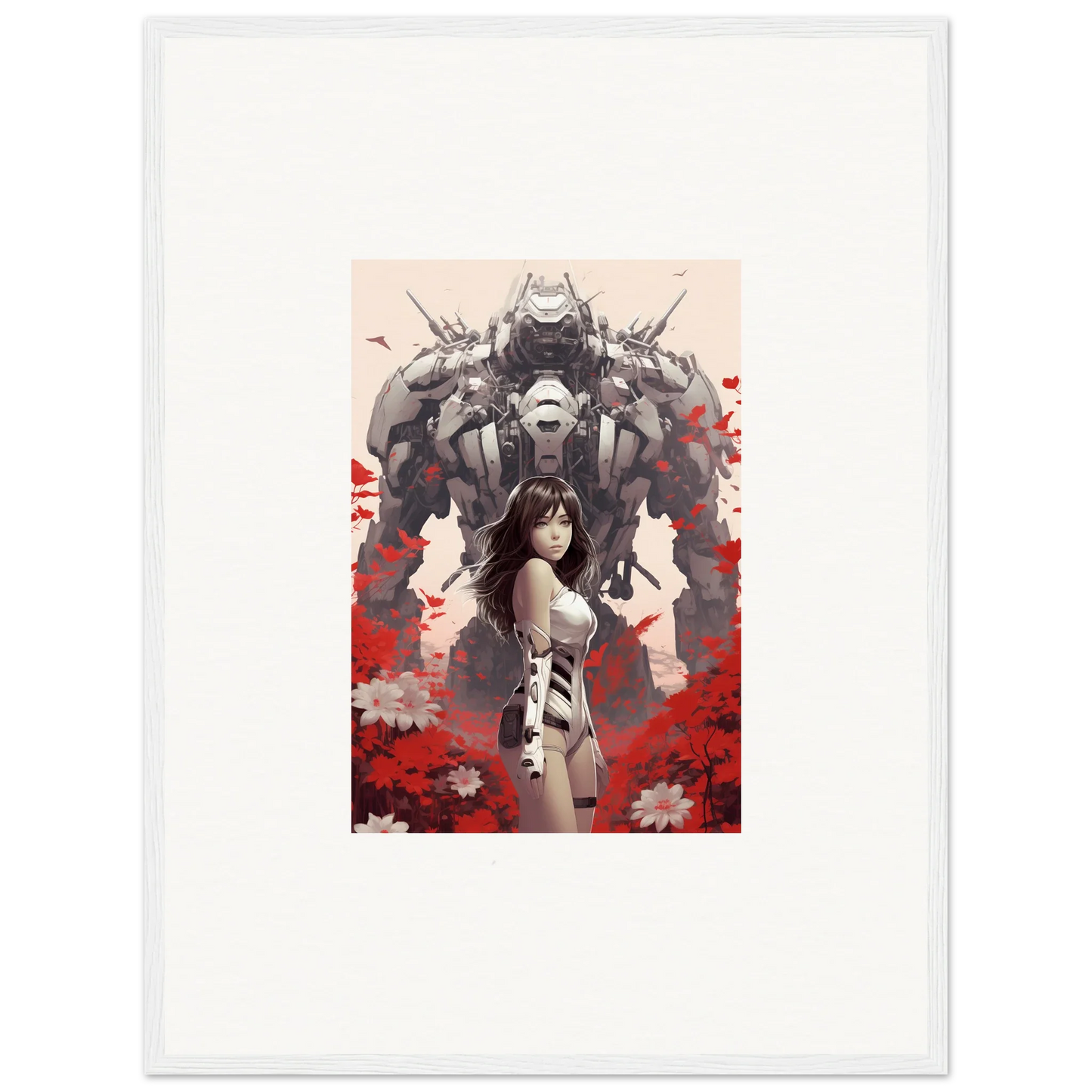 Woman in front of a robotic figure with red flowers, perfect for Poppy Lucidity canvas print