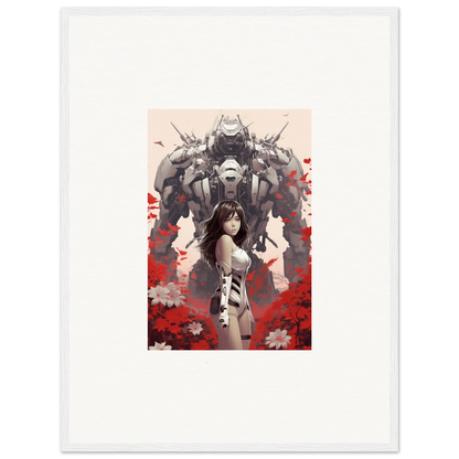 Woman in front of a robotic figure with red flowers, perfect for Poppy Lucidity canvas print