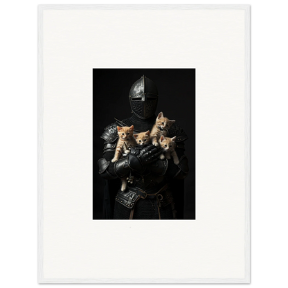 Medieval knight in armor with four kittens, perfect for a Feline Bashhut canvas print