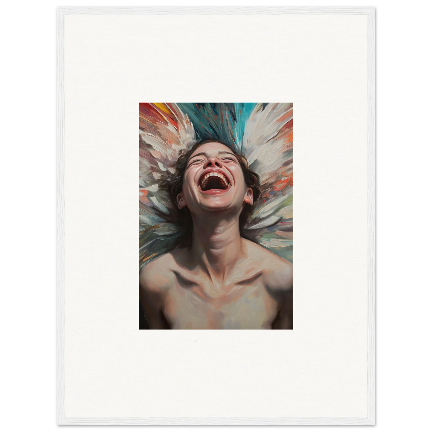 Joyful portrait of a person laughing, perfect for your Aura Bloom canvas print room decoration