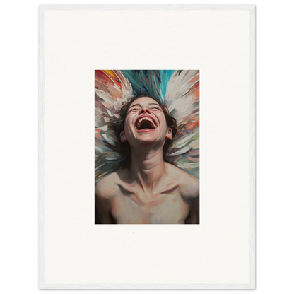 Joyful portrait of a person laughing, perfect for your Aura Bloom canvas print room decoration