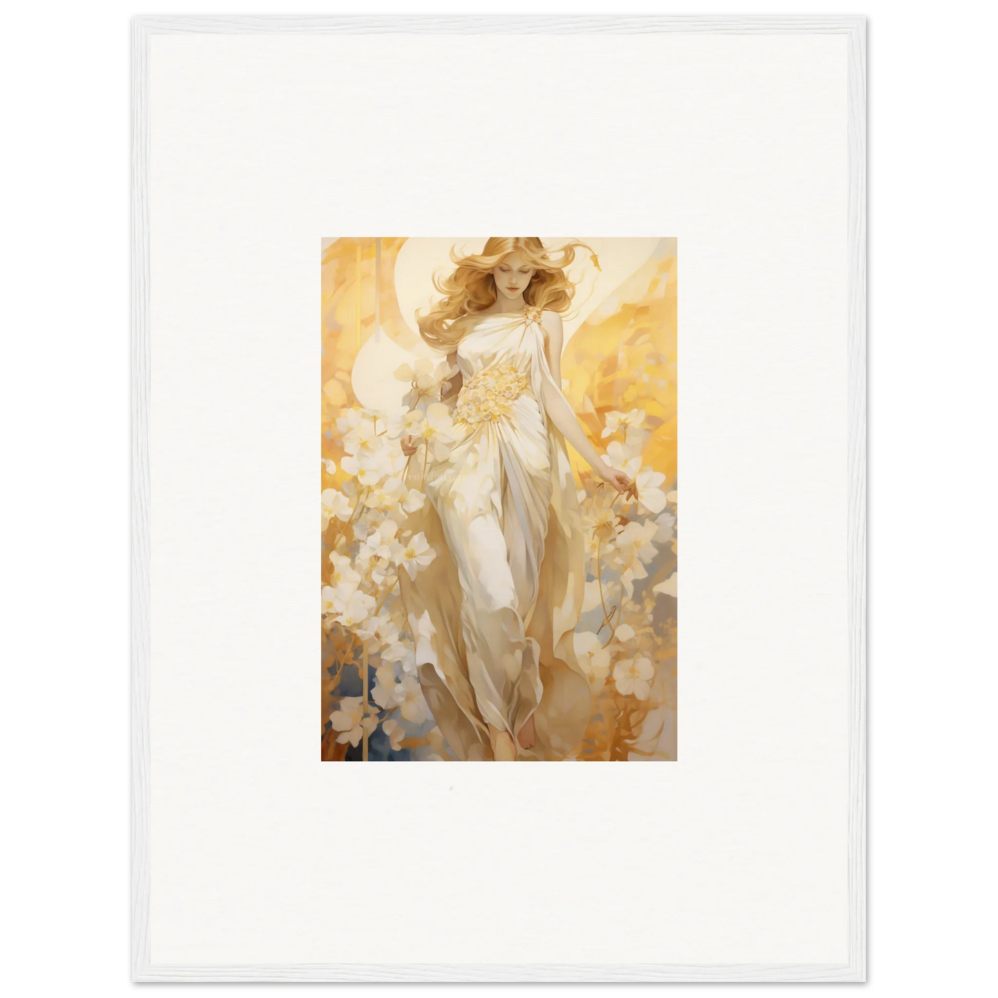 Ethereal Blossom Reverie canvas print of a woman in white surrounded by golden light