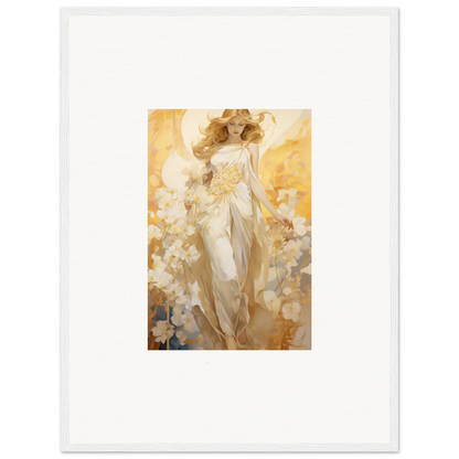 Ethereal Blossom Reverie canvas print of a woman in white surrounded by golden light