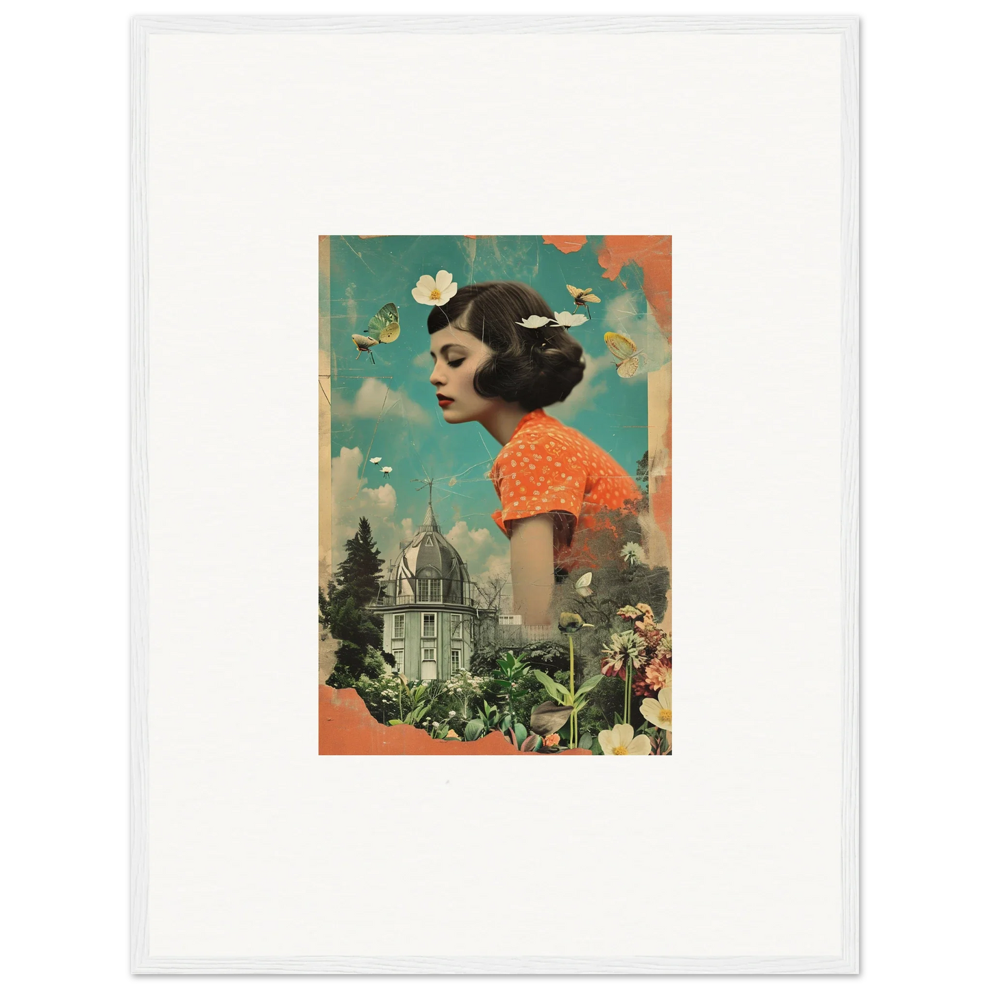 Surrealist collage of a woman over a tiny landscape for a dreamy botanical parade canvas print