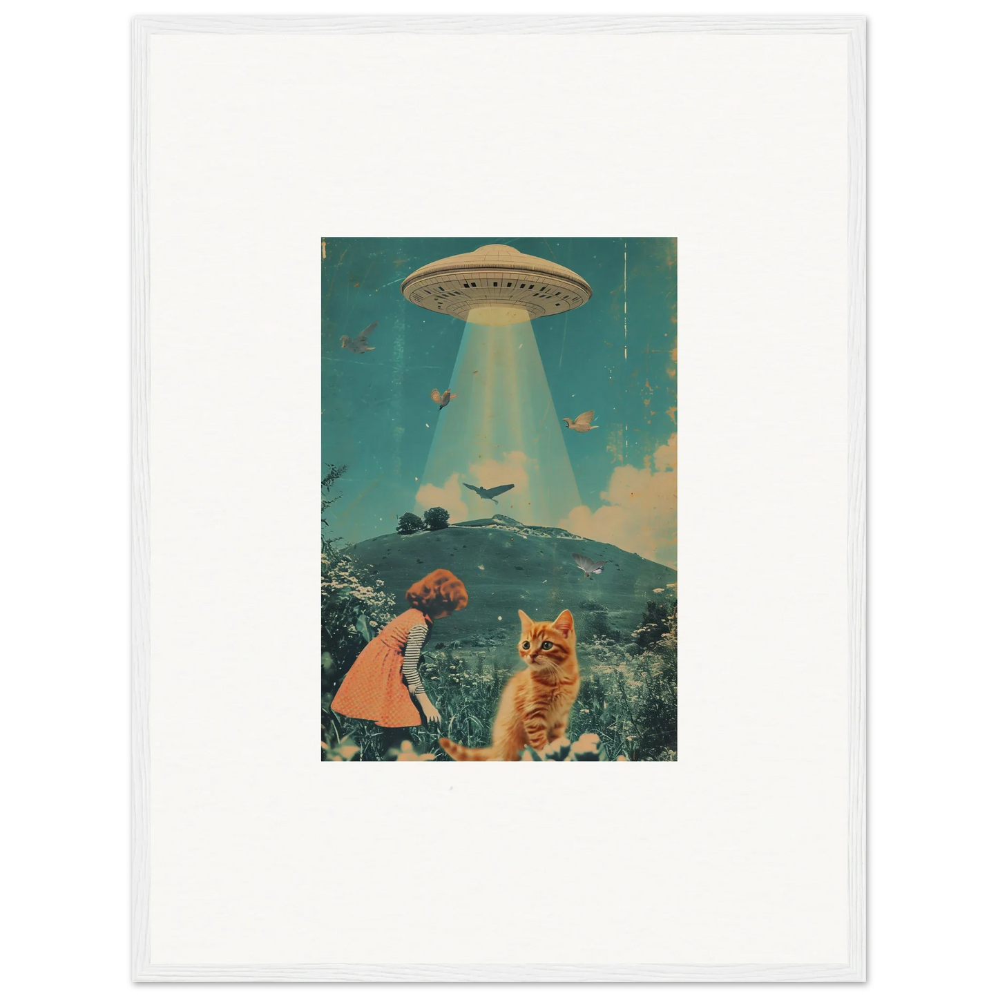 Surreal collage of a UFO, child, and cat in a dreamy landscape for room decoration