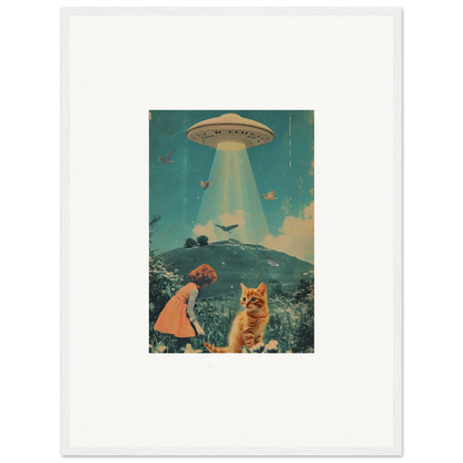 Surreal collage of a UFO, child, and cat in a dreamy landscape for room decoration