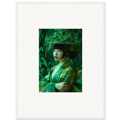 Portrait of a woman in green attire with a hat for a charming canvas print whispering spectacle