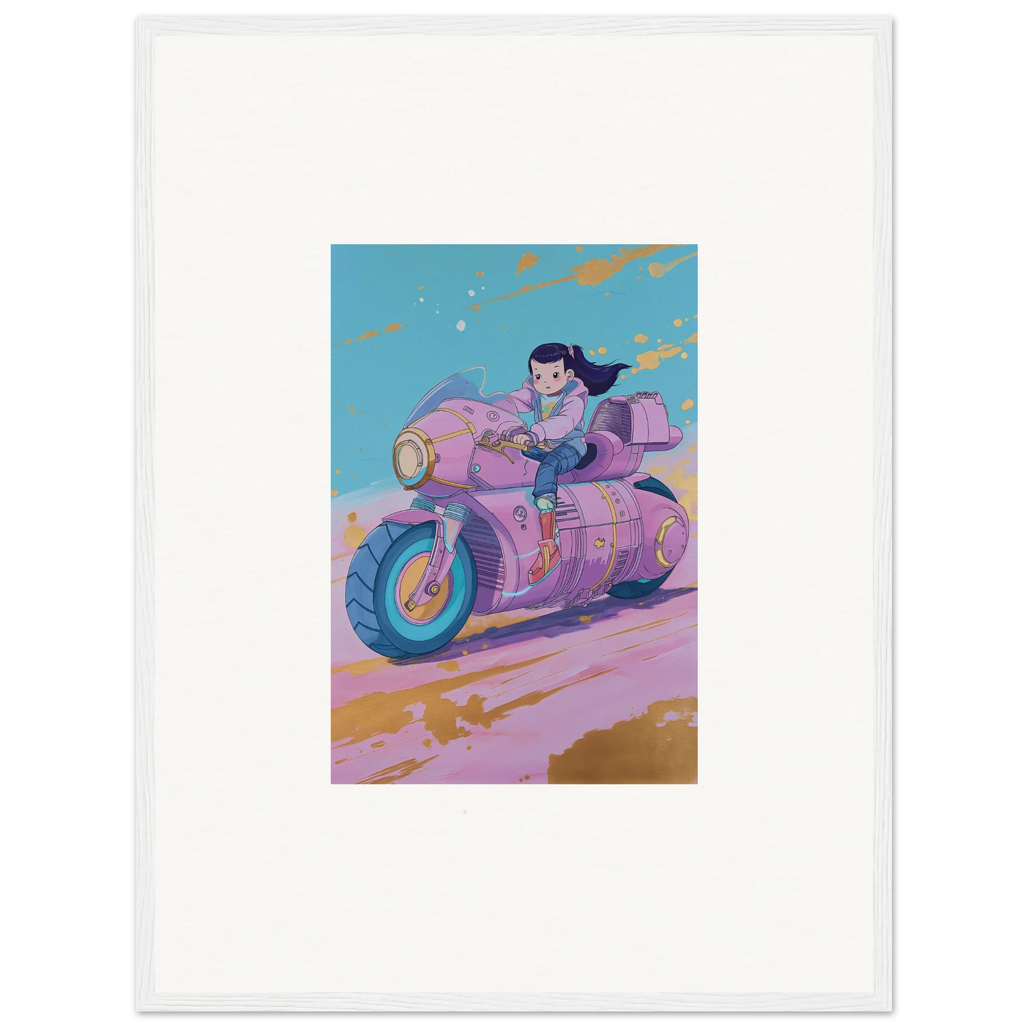 Cartoon purple motorcycle with rider in blue, perfect for Paintfall Venture canvas print