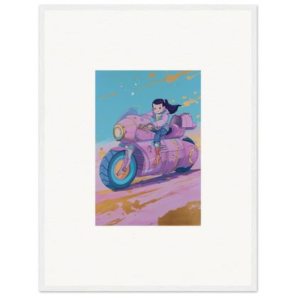 Cartoon purple motorcycle with rider in blue, perfect for Paintfall Venture canvas print