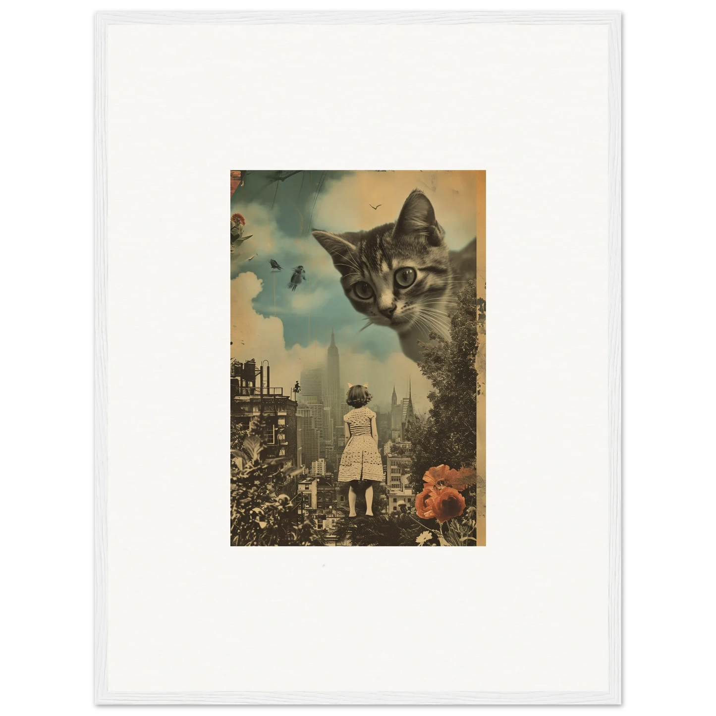 Surreal collage of a giant cat overlooking a cityscape, perfect for wall art or room decoration