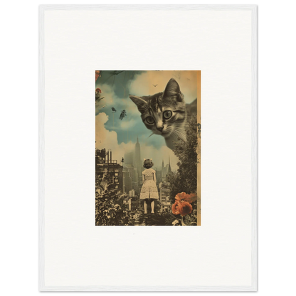 Surreal collage of a giant cat overlooking a cityscape, perfect for wall art or room decoration