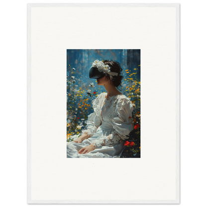 Framed canvas print of a woman in a white dress for a Bloom Reverie room decoration