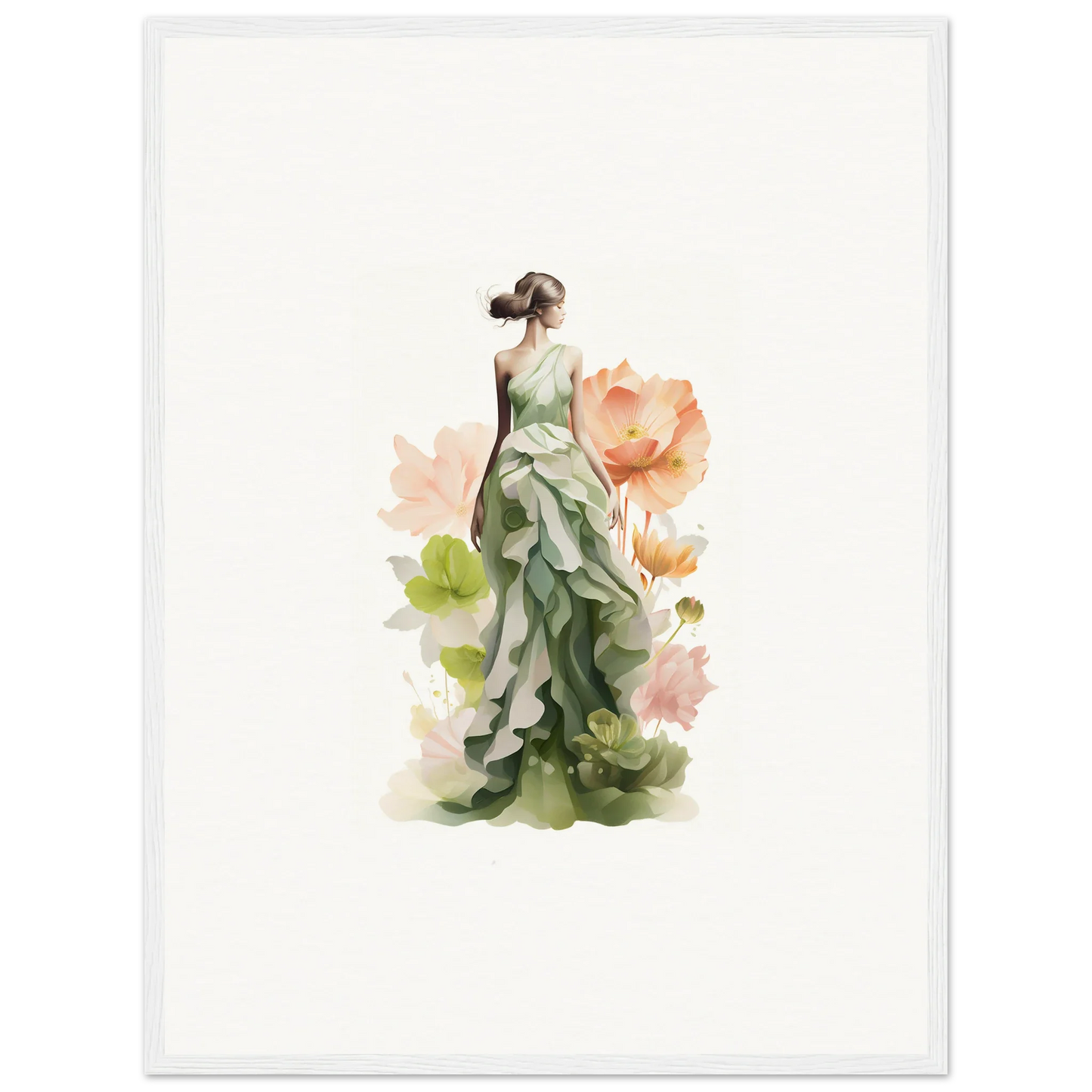 Elegant female figure in a green dress with floral elements, perfect for spring symphony canvas print