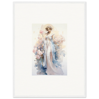 Watercolor canvas print of an elegant woman in a white dress for room decoration