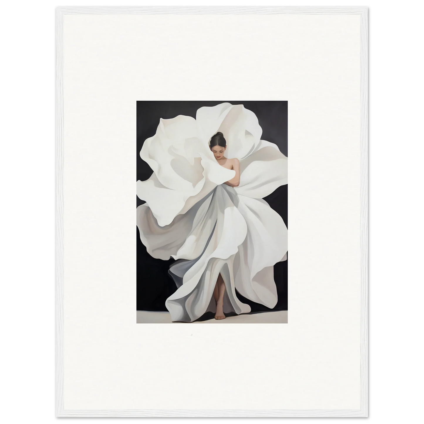 Woman in a flowing white dress like a flower for Ethereal Petal Whispers canvas print