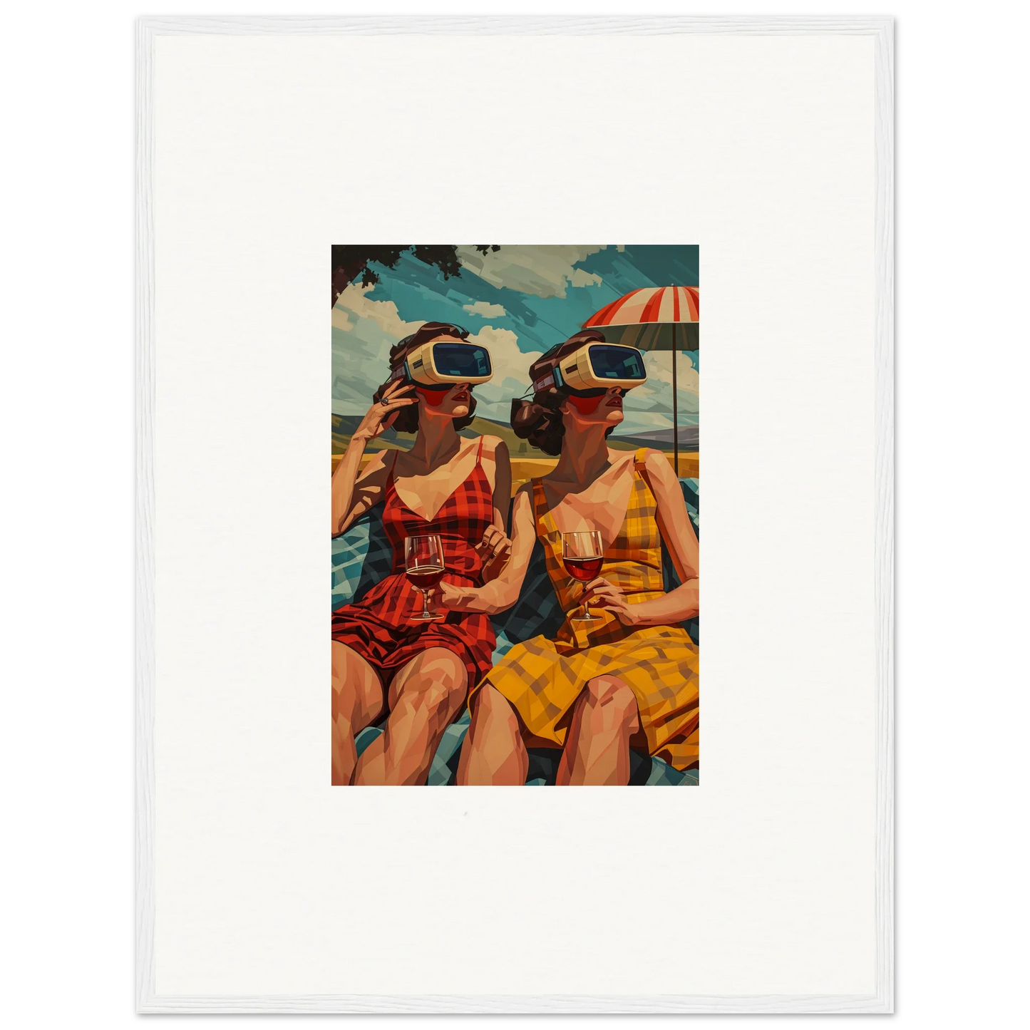 Vintage painting of two women in swimsuits with VR headsets enjoying morning sunshine