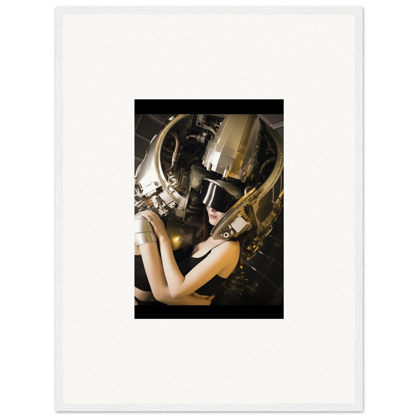 Ornate metallic helmet with horns and gold visor for unique room decoration wall art