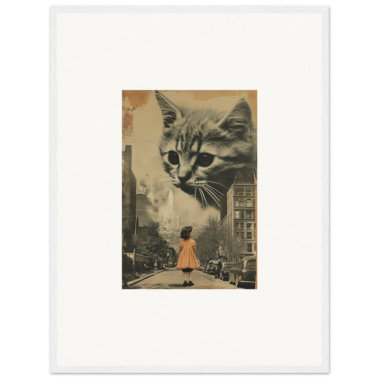 Giant cat face over city street, perfect for unique room decoration canvas print