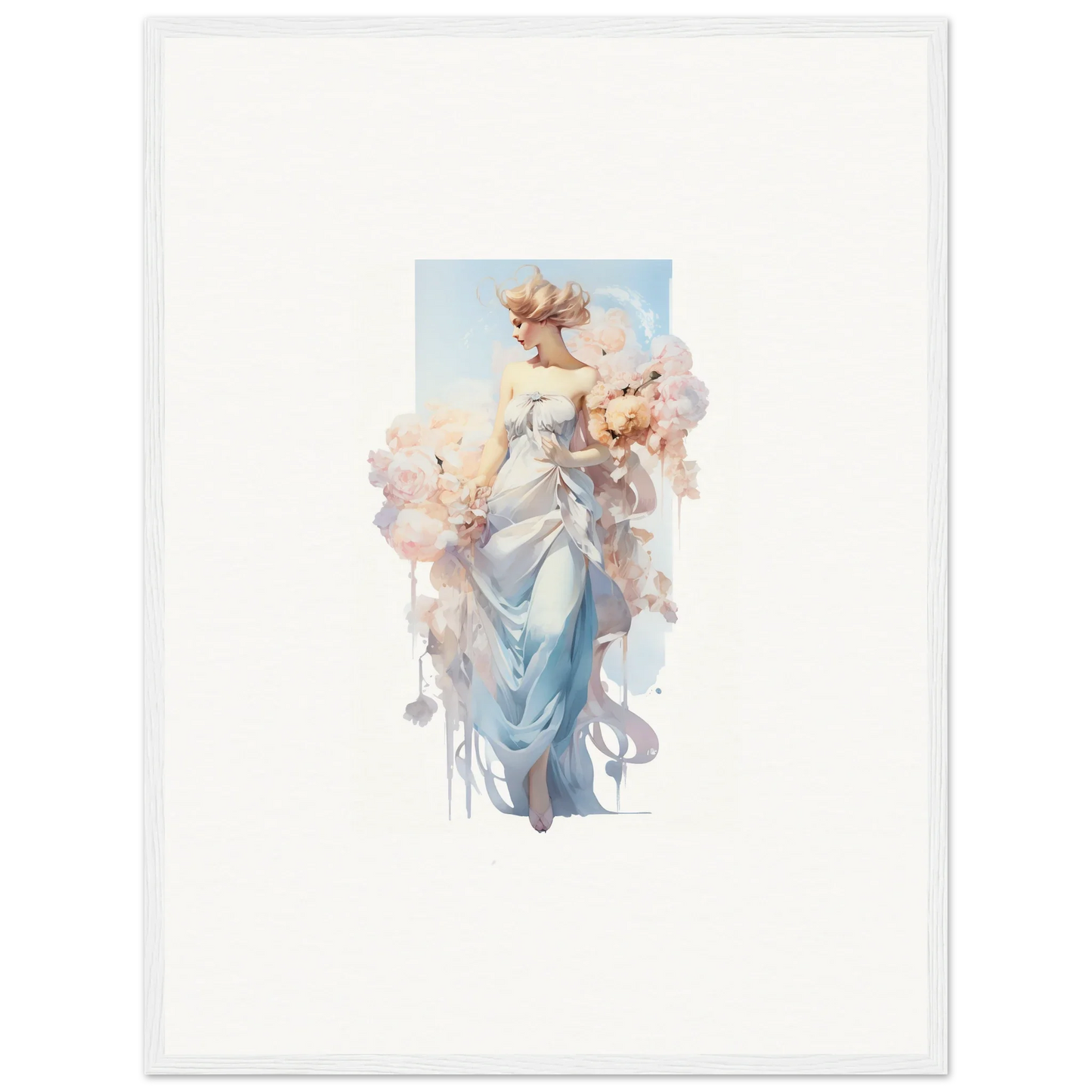 Ethereal Bouquet Waltz canvas print of a graceful figure in blue robes with flowers