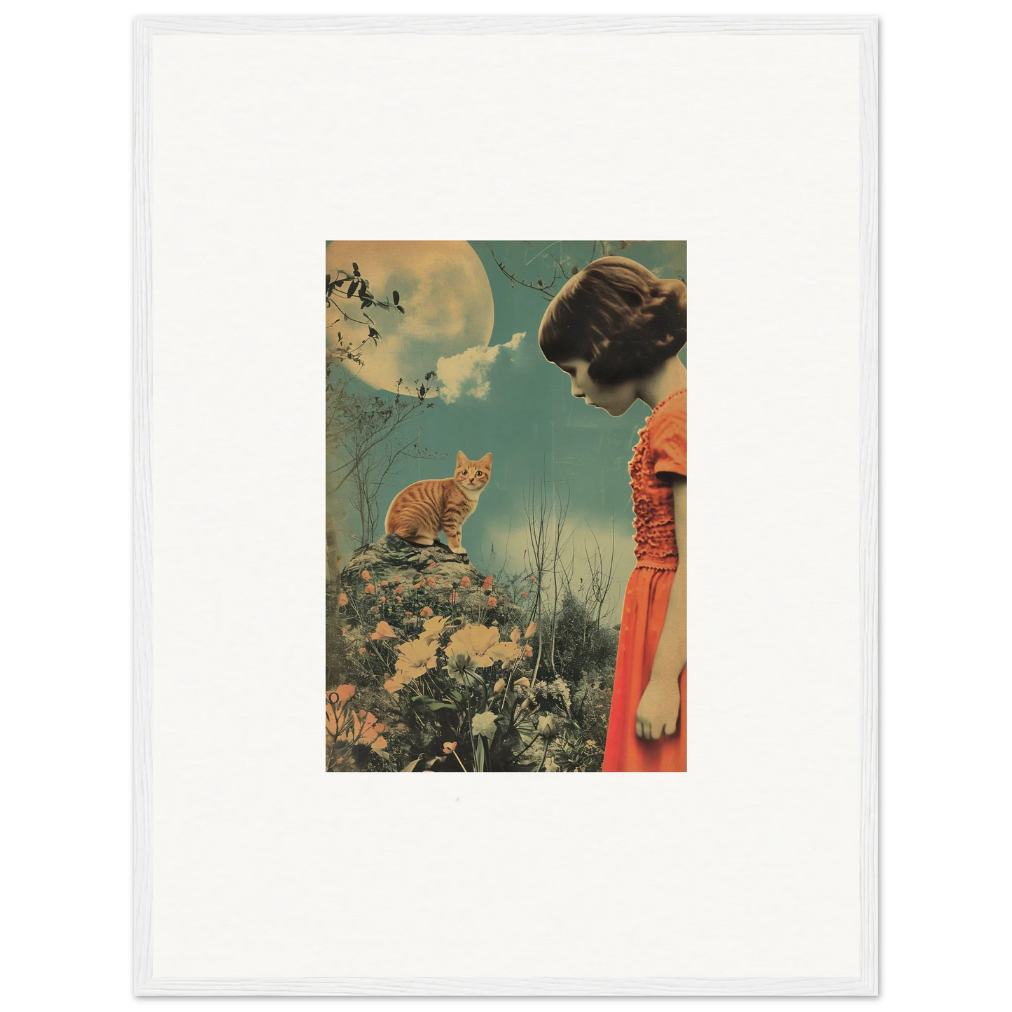 Vintage canvas print of a woman in an orange dress enjoying flora reverie with a cat