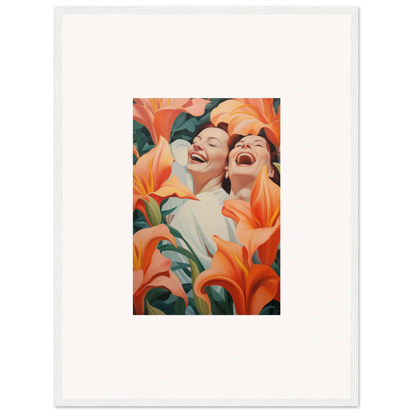 Two laughing figures with orange lilies - perfect for room decoration or wall art