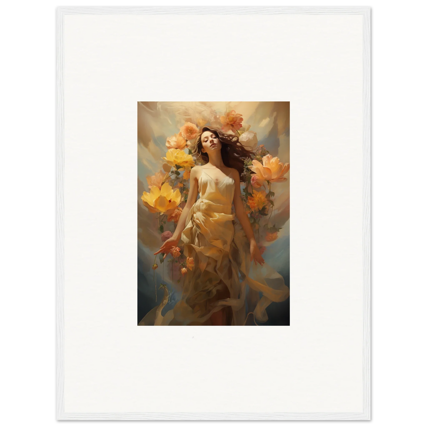 Woman in dreamy autumn leaves canvas print for a blissful Blossom Odyssey room decoration