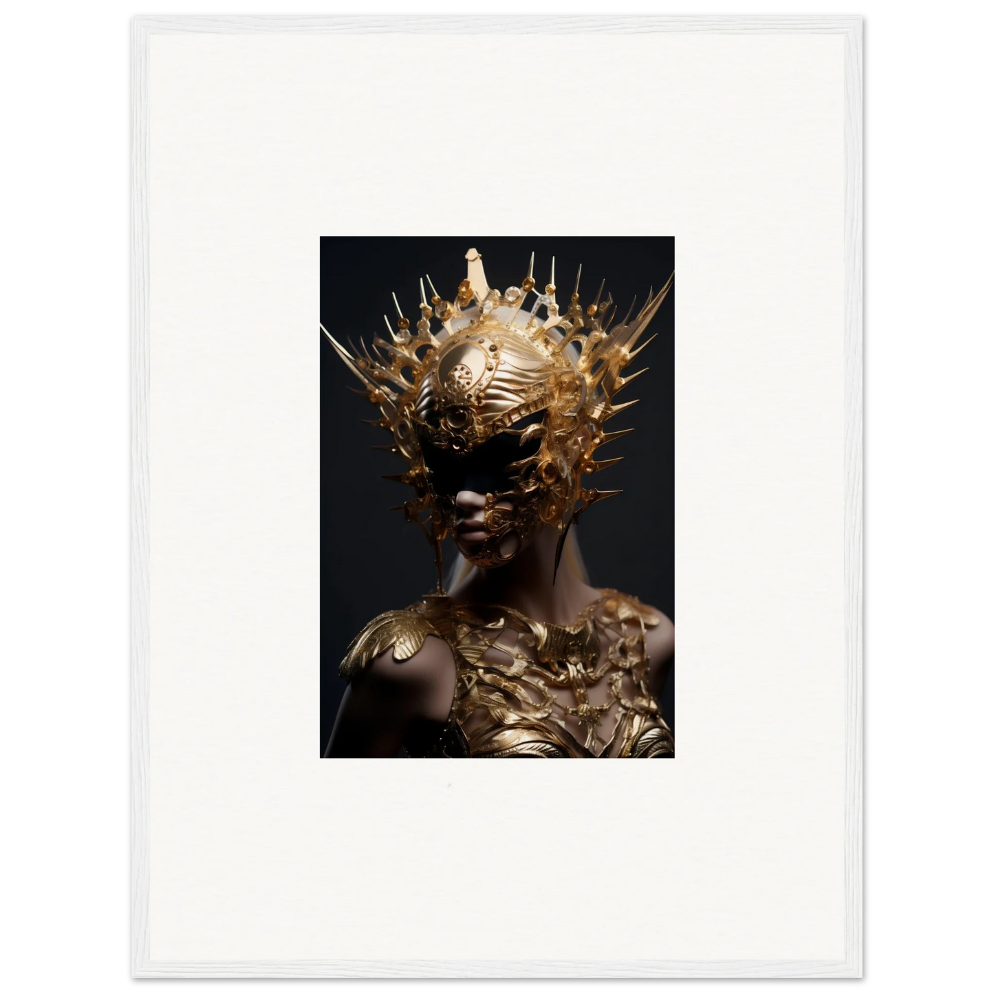 Striking vintage bloom canvas print with golden headdress on a dark background