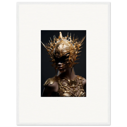 Striking vintage bloom canvas print with golden headdress on a dark background