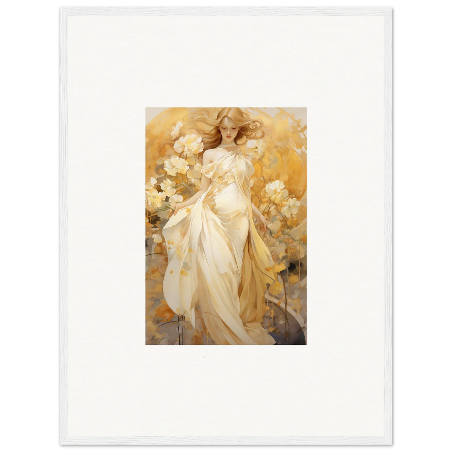 A beautiful canvas print of a woman in a silk dream dress among vibrant flowers