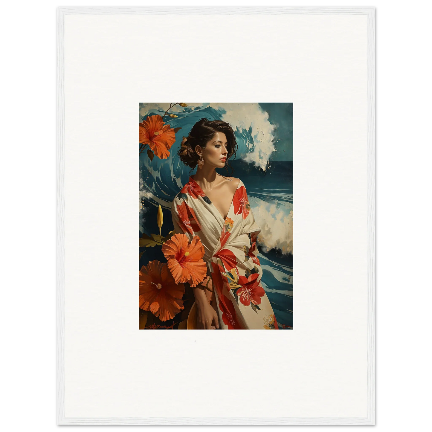 Woman in floral robe by the ocean, perfect for room decoration as a canvas print musing cascade