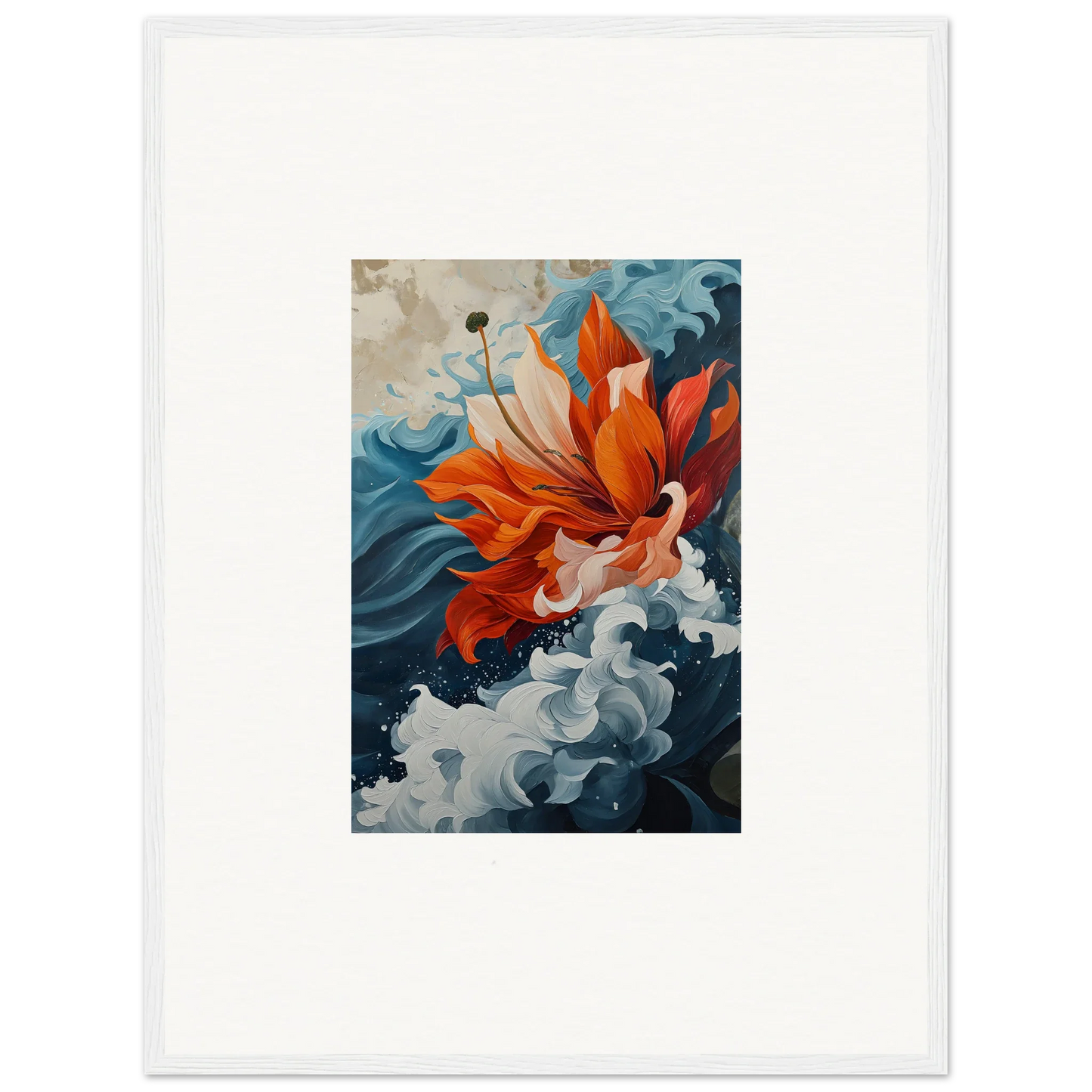 Vibrant orange goldfish in blue waves for a Petal Odyssey canvas print, perfect room decoration